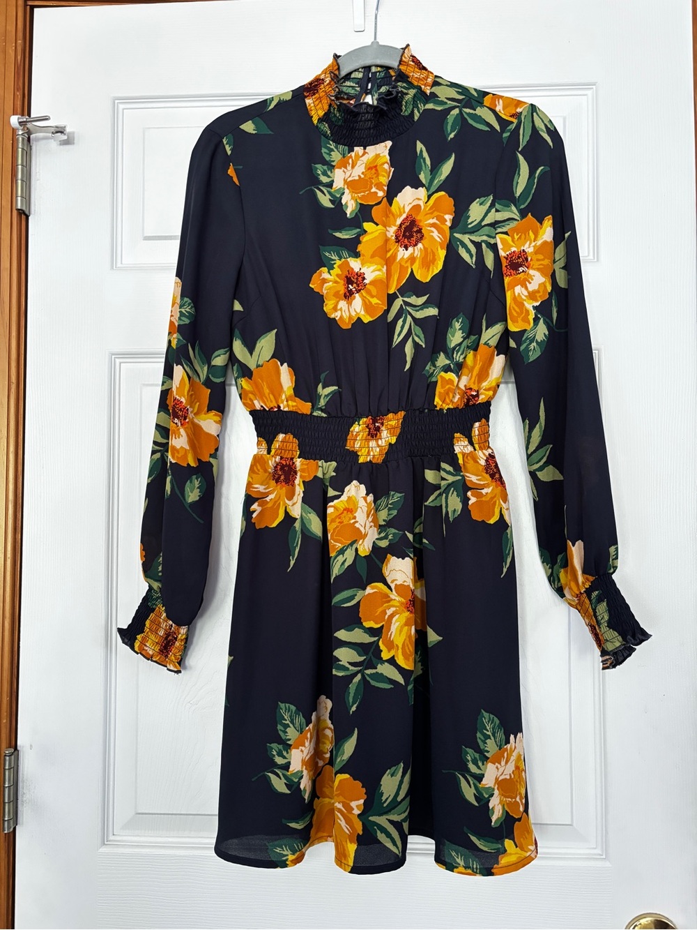Women's Navy Blue Floral Smocked-Waist Long-Sleeve Dress